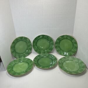 Vtg Pickard China Dessert 7.5" Plates Hand Painted Green Leaves Gold Trim